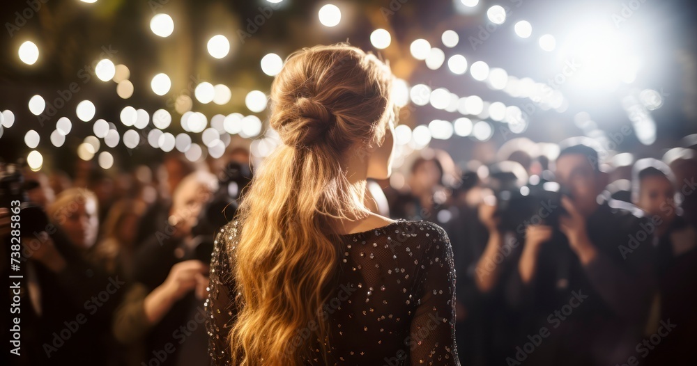 A Celebrity Woman Captured by the Flash of Paparazzi Photographers at a Glamorous Event