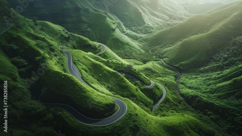 Aerial view of winding roads through lush green hills