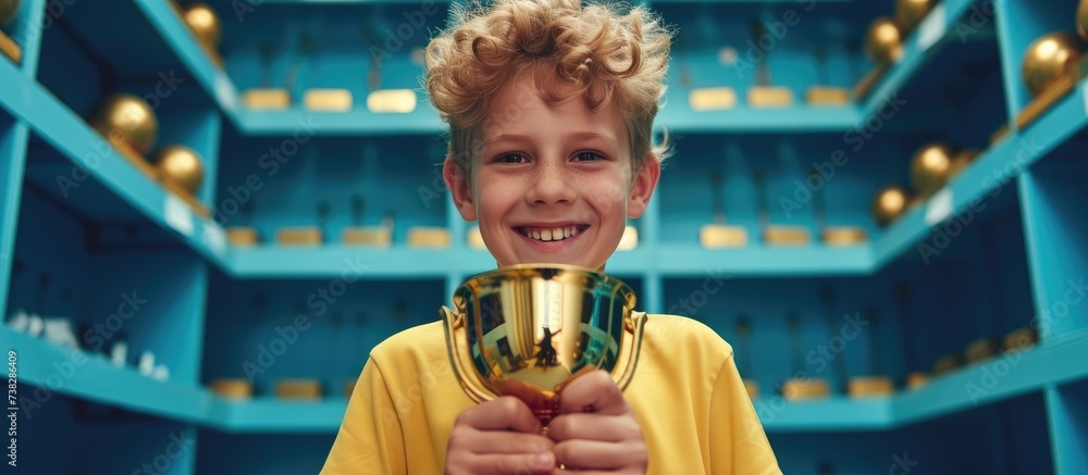 Enthusiastic child with trophy in locker room after winning match. Enthusiastic child with trophy in locker room after winning match.