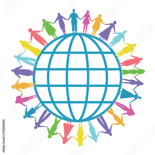 Multicolored women silhouettes. Women are holding hands, stand around the globe. International Women's Day or Earth day concept. Multicultural group of people. Vector illustration