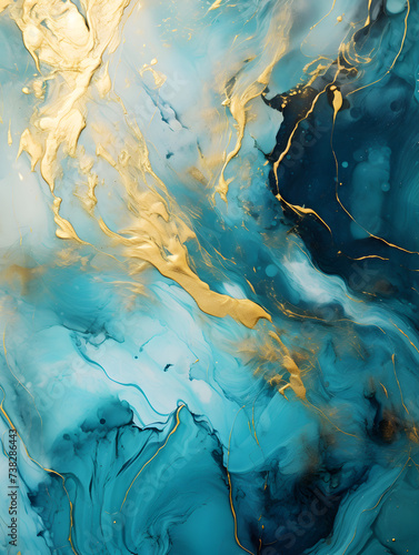 Abstract dark turquoise ink acrylic splashes background with golden elements