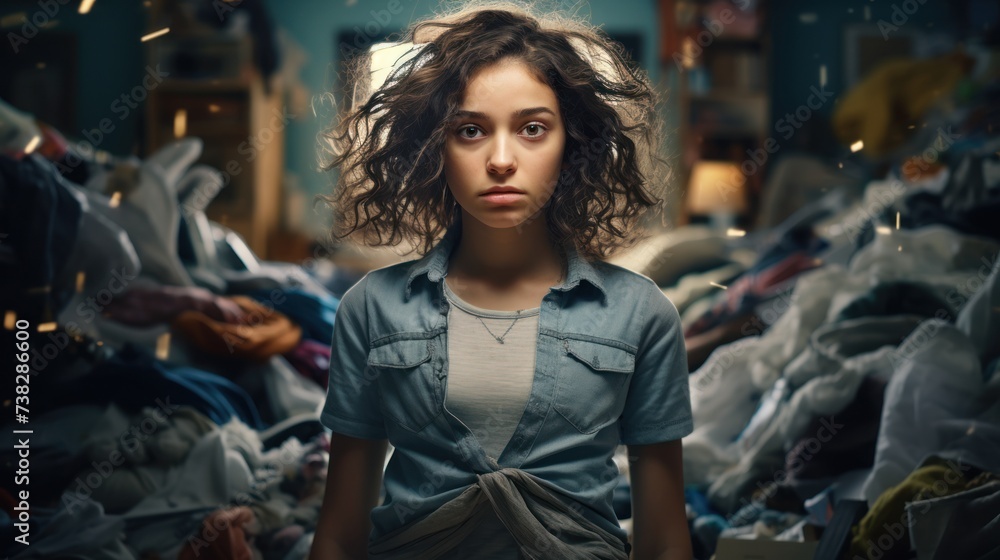 A young woman with a hint of sadness stands against the backdrop of the mess in the room, emphasizing the need for cleaning.