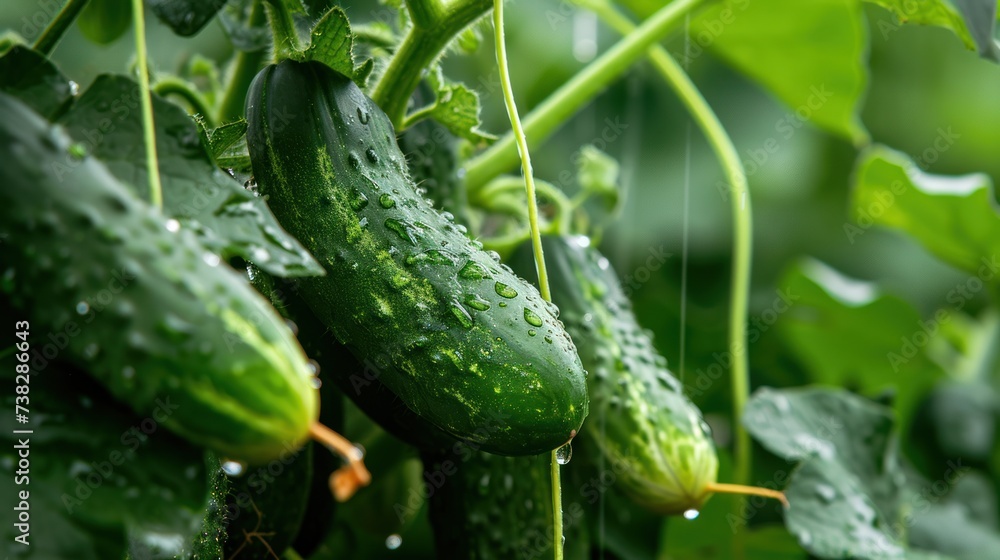 Ripe green cucumbers in the garden highlight the success of ecological cultivation, encouraging healthy eating habits through the consumption of locally grown vegetables. Ripe green cucumbers in the garden highlight the success of ecological cultivation, encouraging healthy eating habits through the consumption of locally grown vegetables.
