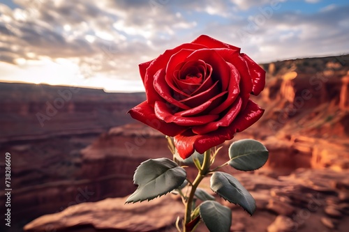 Velvet Vista Close-Up of Red Rose with Scenic Background photo