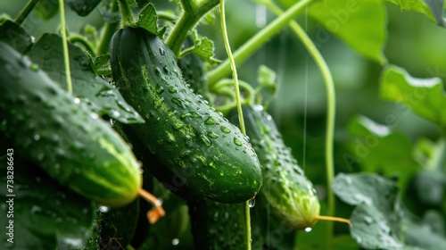 Ripe green cucumbers in the garden highlight the success of ecological cultivation, encouraging healthy eating habits through the consumption of locally grown vegetables.
