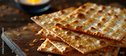 Fotografiet Passover matzah bread texture close up with intricate patterns, perfect for traditional celebration