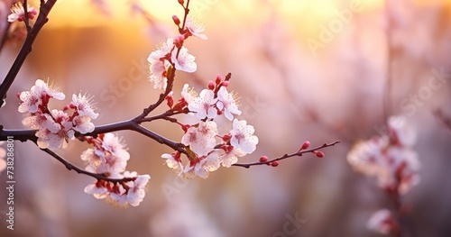 Spring flowers. Beautiful nature scene with blooming tree and sun flare. Spring blossom background