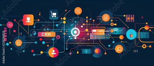 An illustration of a microchip on a circuit board with  CRM  stylized using customer icons and interaction symbols  representing the concept of Customer Relationship Management.