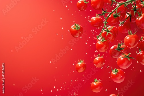 Fresh tomatoes flying against a red background © piai