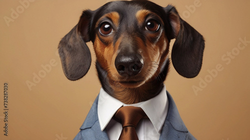 Dachshund wearing formal business suit, studio shoot on plain color background, cooperative business concept.