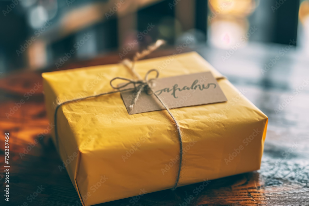 parcel with a yellow paper and a thank you note and a professional ...