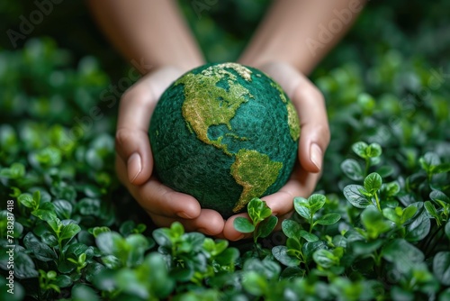 Concept for World Earth Day: hands holding a leaf and a handmade globe