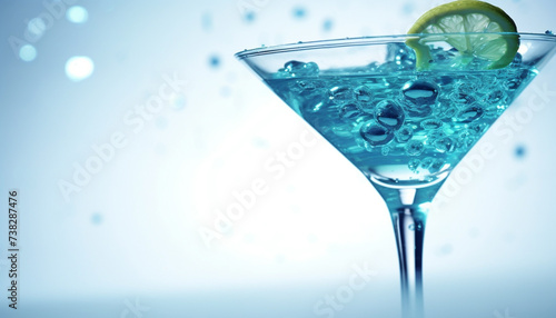 Refreshing martini glass with blue liquid  ice  and olive decoration generated by AI