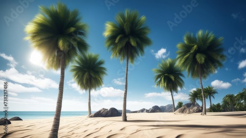 Palm trees on a beautiful sandy beach with large stones.