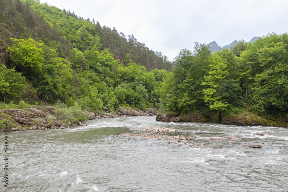 Obraz premium river, mountainous terrain, cloudy day, the beginning of the summer period, walking in the bosom of nature, panorama of the area.