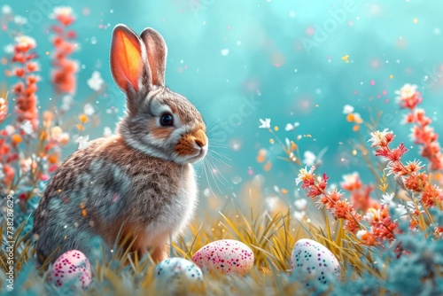 Festive Easter banner with eggs and bunny in pastel hues © yuliachupina