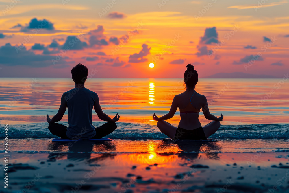 man and a woman doing yoga on the beach, watching the sunset