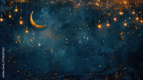 Ramadan Kareem and eid greeting card, islamic design crescent moon and lantern lights with glitter on navy blue background