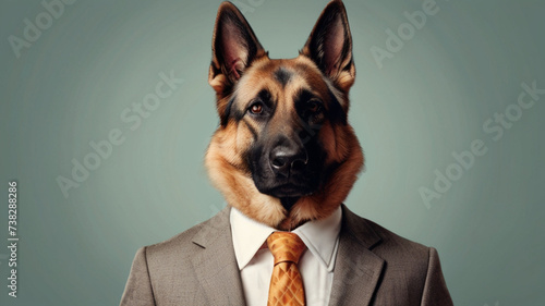 Photo German Shepherd wearing formal business suit, studio shoot on plain color background, cooperative business concept