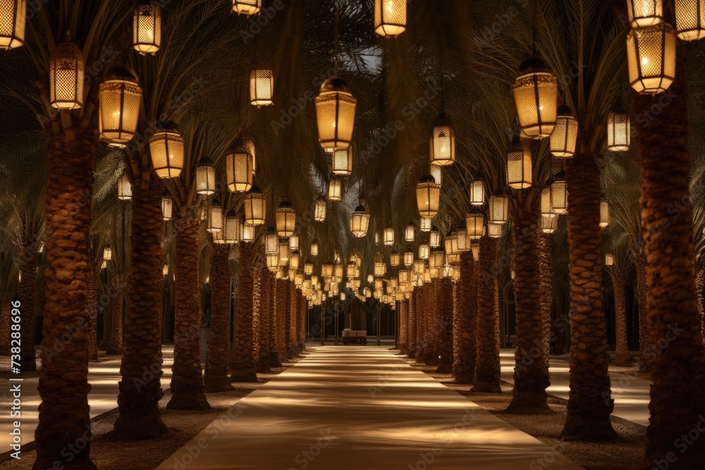 Elegant date palm trees with hanging lanterns to honor Ramadan