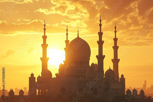 An ornate mosque basked in the golden light of the setting sun