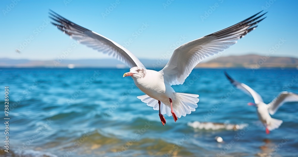 White Seagulls in Flight Over the Whispering Waves of the Sea