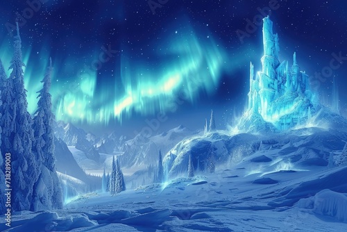 A magical winter wonderland at night  with ice castles  aurora borealis in the sky  and mystical creatures wandering in the snow-covered landscape. Resplendent.
