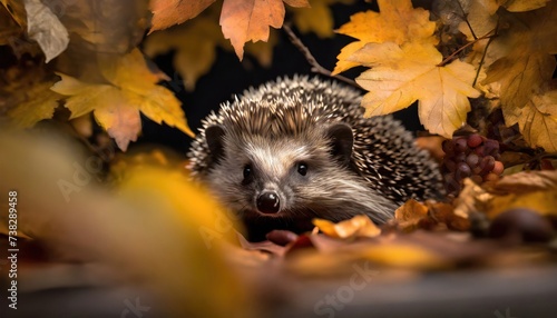 A hedgehog peeking out of autumn leaves. Generated with AI