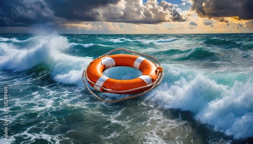 A lifebuoy, floating serenely on the vast expanse of the splashing sea. Generated with AI