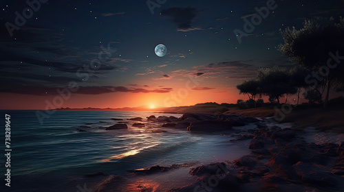 A romantic setting by the sea  the full moon enhances the scenic beauty  a seamless transition from twilight to night background Ai Generative