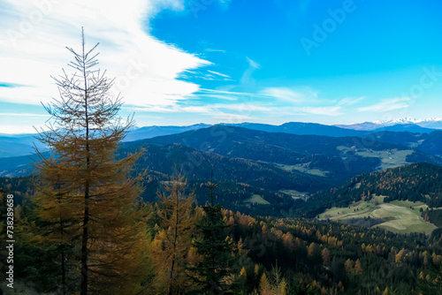 Panoramic view of snow capped mountain ridges of Woelzer Tauern seen from Grebenzen, Gurktal Alps, Styria, Austria. Calm serene atmosphere in Austrian Alps. Idyllic forest in foreground. Wanderlust photo