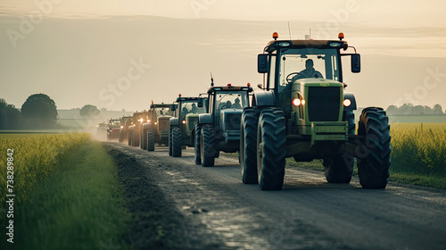 tractors on the road, in a demonstration for agricultural reform. created with ai