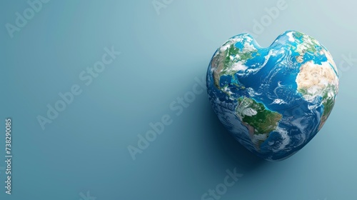 Heart shaped earth on blue backdrop, symbolizing eco care and sustainable living, 3d illustration.