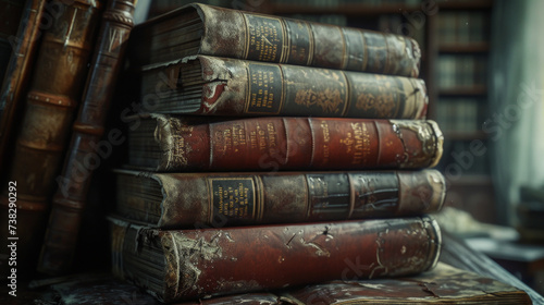 A series of stacked, weathered leather-bound books with cracked spines, revealing years of avid reading