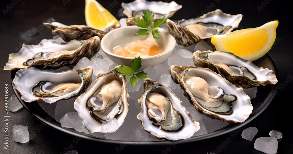 Raw Oysters on the Half Shell with Lemon, a Testament to Gourmet Seafood Delicacy Raw Oysters on the Half Shell with Lemon, a Testament to Gourmet Seafood Delicacy