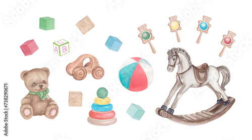 Large set of vintage hand drawn baby toys. Watercolour illustration of teddy bear, wooden rocking horses, car photo