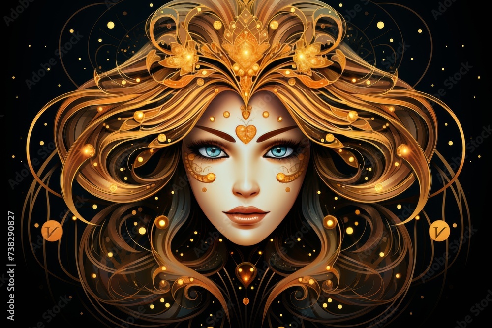 Golden virgo zodiac symbol shining brightly in vector style on black background, astrology theme Golden virgo zodiac symbol shining brightly in vector style on black background, astrology theme