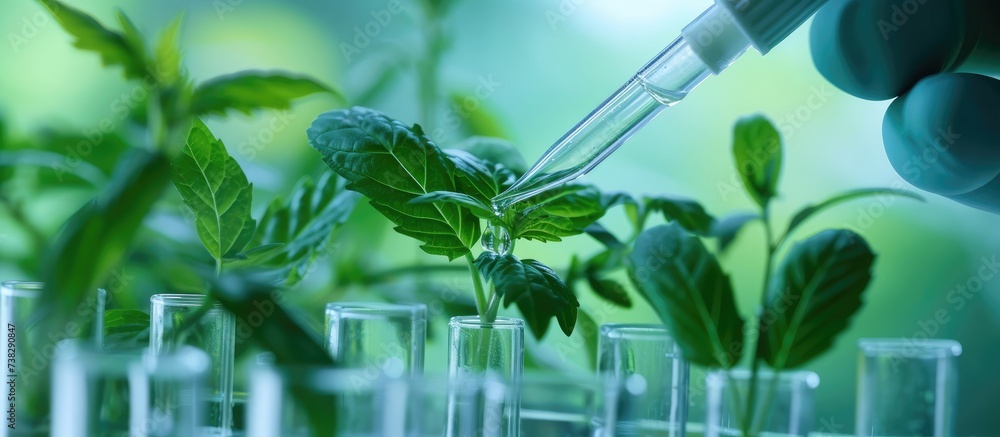 Using biotechnology, researchers drop sample chemicals into a herbal plant in a test tube using a pipette. Using biotechnology, researchers drop sample chemicals into a herbal plant in a test tube using a pipette.