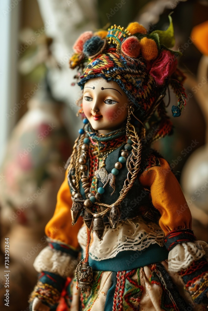 A doll is wearing a colorful costume and a knitted hat.