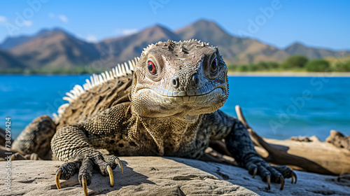 Green iguana sits on a rock by the sea and looks at the camera