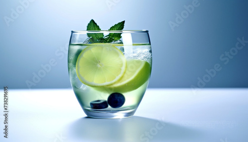 Freshness in a glass lemonade, mojito, and citrus fruit generated by AI