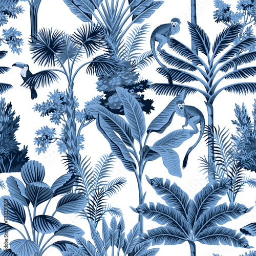 Blue tropical vintage palm trees, plants, monkey, toucan floral seamless pattern white background. Exotic jungle wallpaper.