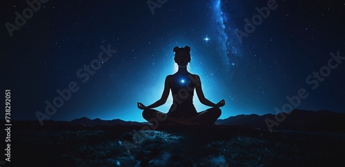 Silhouette of a woman sitting in yoga lotus pose and a space, meditation, the stars and open chakra, web banner, Generative AI 