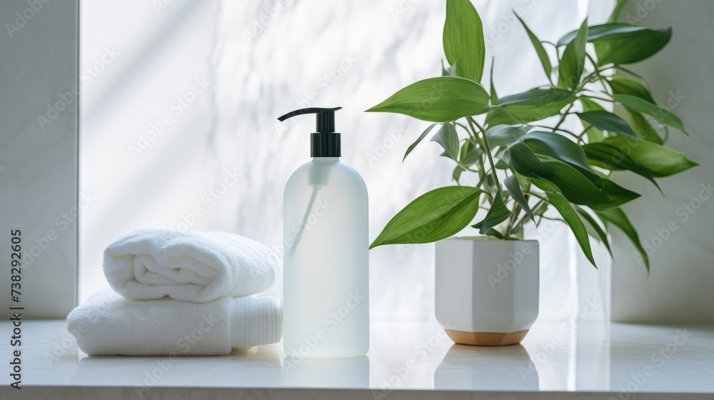 White bottles of soap or shampoo on the table in the bathroom. White cotton towels are stacked. Stylish interior and hygiene items. White bottles of soap or shampoo on the table in the bathroom. White cotton towels are stacked. Stylish interior and hygiene items.
