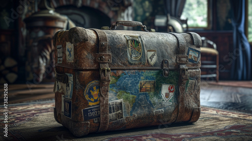 A worn leather suitcase with travel stickers from various destinations, hinting at a rich history of adventures