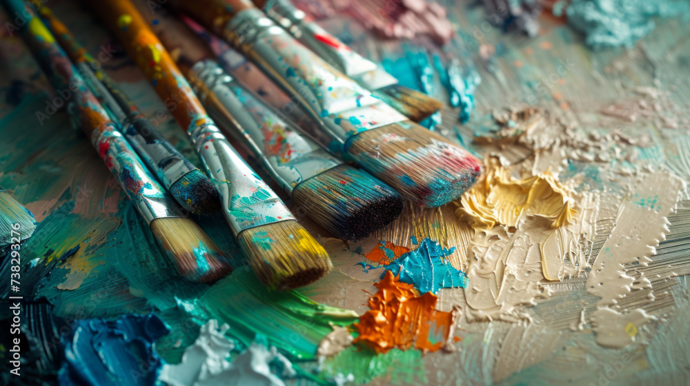 A row of weathered, wooden artist's paintbrushes resting on an artist's palette splattered with vibrant colors A row of weathered, wooden artist's paintbrushes resting on an artist's palette splattered with vibrant colors