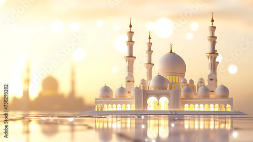 Ramadan mosque beautiful bright golden light background, neural network generated image