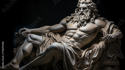 Antique marble statue of zeus sitting on a chair in a dark room.  photo