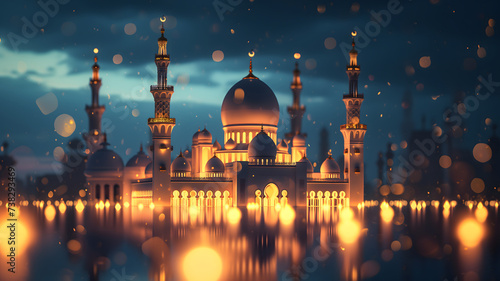 Ramadan mosque with night afterglow sky beautiful background, neural network generated image