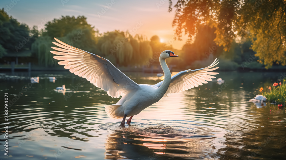 White swan on the lake at sunset. The mute swan, Cygnus olor White swan on the lake at sunset. The mute swan, Cygnus olor